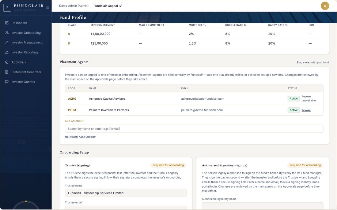 The fund profile screen, showing fund identity, unit classes, fee rates and hurdle rate as recorded fields.