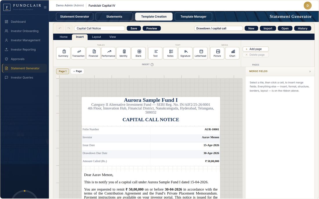 The statement template designer, with a page of the statement laid out beside the merge fields it draws on.