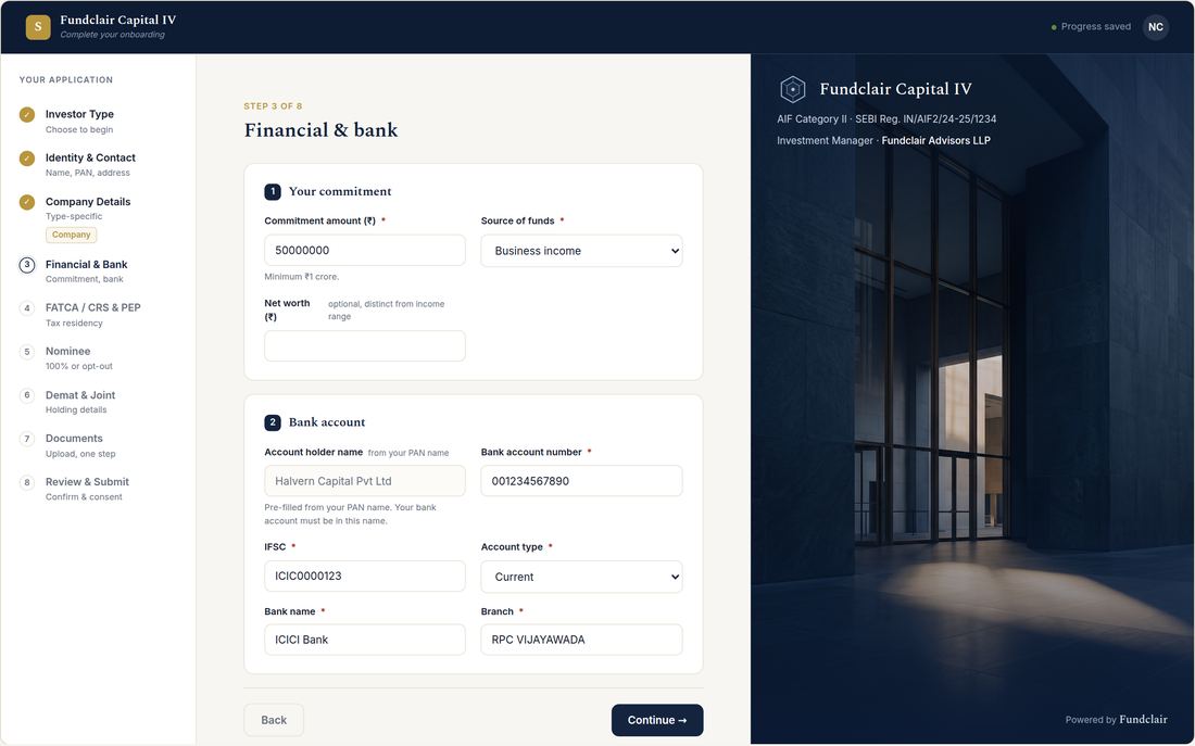 The guided onboarding form part-way through, showing the step list down one side and the fields of the current step.