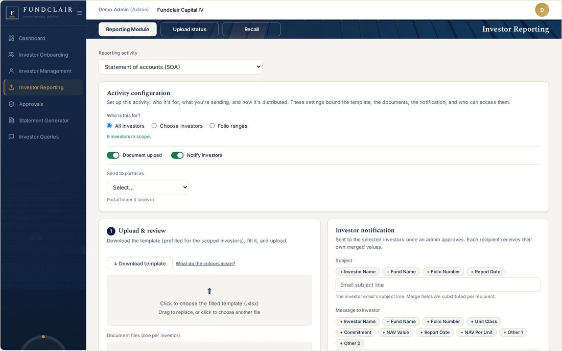 A reporting run at the preview step, with each investor row matched and its figures shown before anything is submitted.