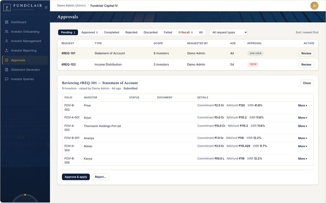 An approval part-way through review, showing the per-investor figures a checker sees before approving the run.