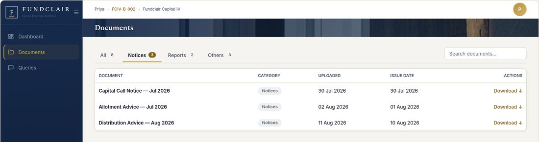 The document vault for one investor, listing the notices and statements filed under their folio.