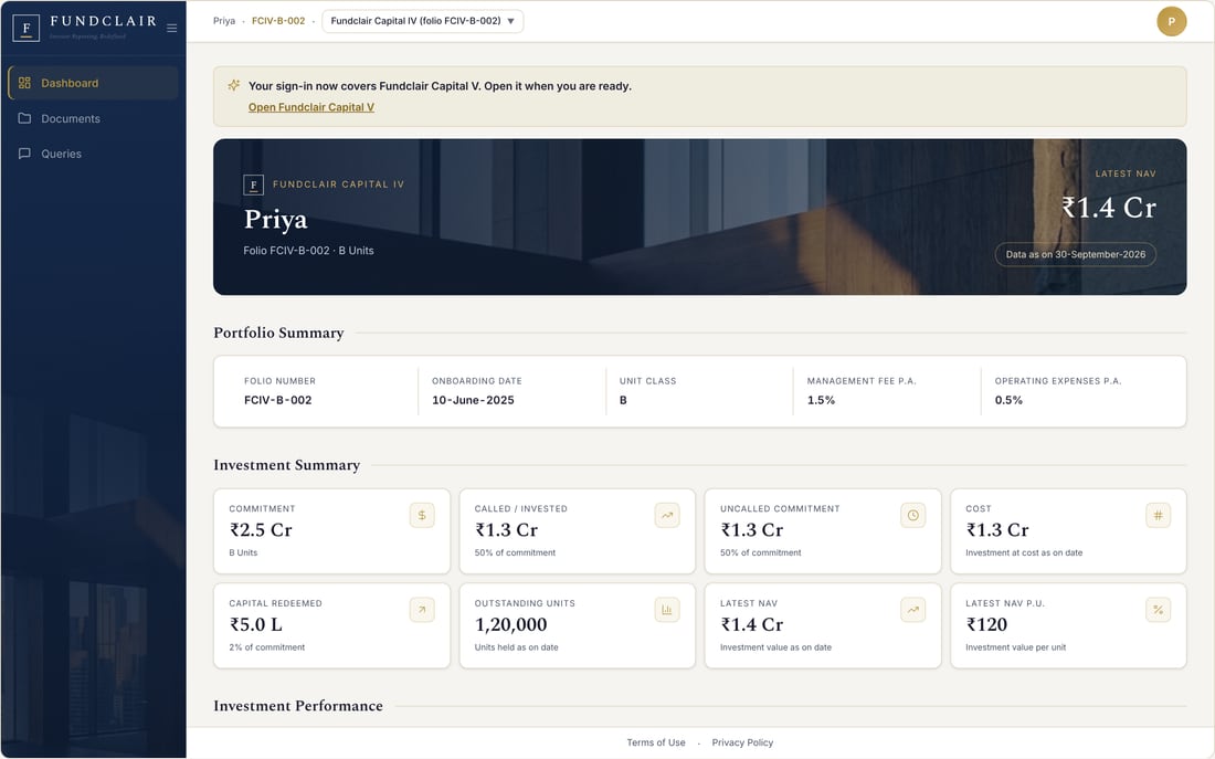 The investor dashboard as an investor sees it, with their commitment, valuation and statement history.